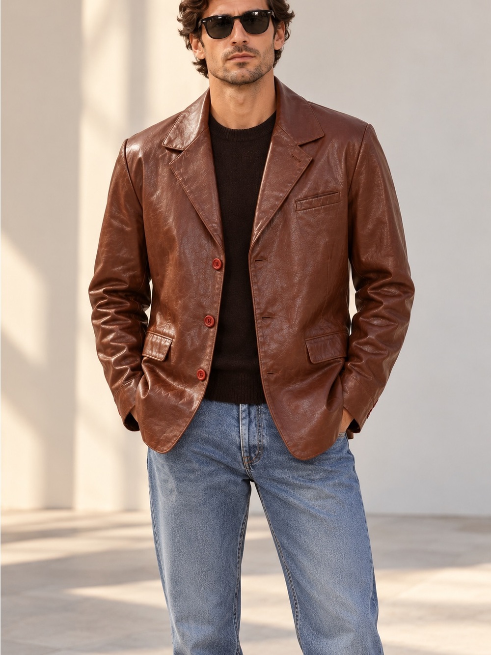 Classic Fioranti men’s genuine leather blazer in a rich cognac/chestnut brown